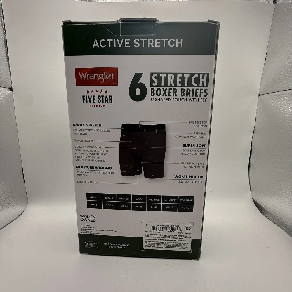 Wrangler Men's Active Stretch Boxer SMALL Briefs‎ 6-Pack U-Shaped Pouch with Fly